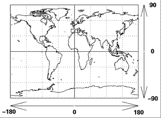 Image of a map that shows the world with degrees latitude and longitude.  Please have someone assist you with this.