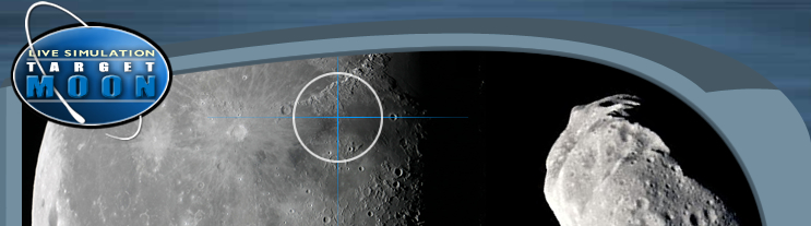 Image of a comet aproaching the moon. There is a target drawn on the moon where the comet will impact.