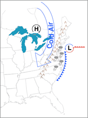 Image showing the precipitation and movement of a nor'easter.  This image links to a more detailed image.
