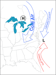 Image of a nor'easter moving in on the United States.  This image links to a more detailed image.