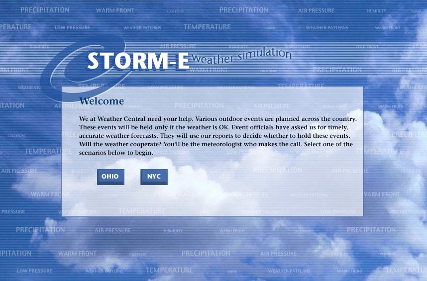 Image that says Storm-E Weather Simulation.  Please have someone assist you with this.